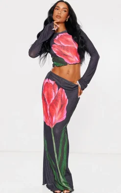 PrettyLittleThing Floral Print Maxi Skirt Black