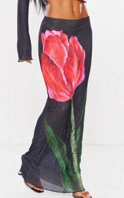 PrettyLittleThing Floral Print Maxi Skirt Black