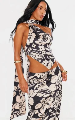 Hot PrettyLittleThing Floral Printed Satin Scarf Detail Halterneck Crop Top Black