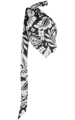 Hot PrettyLittleThing Floral Printed Satin Scarf Detail Halterneck Crop Top Black