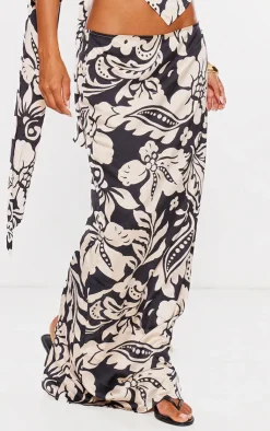 PrettyLittleThing Floral Satin Maxi Skirt Black