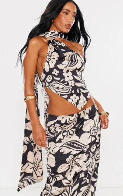 PrettyLittleThing Floral Satin Maxi Skirt Black