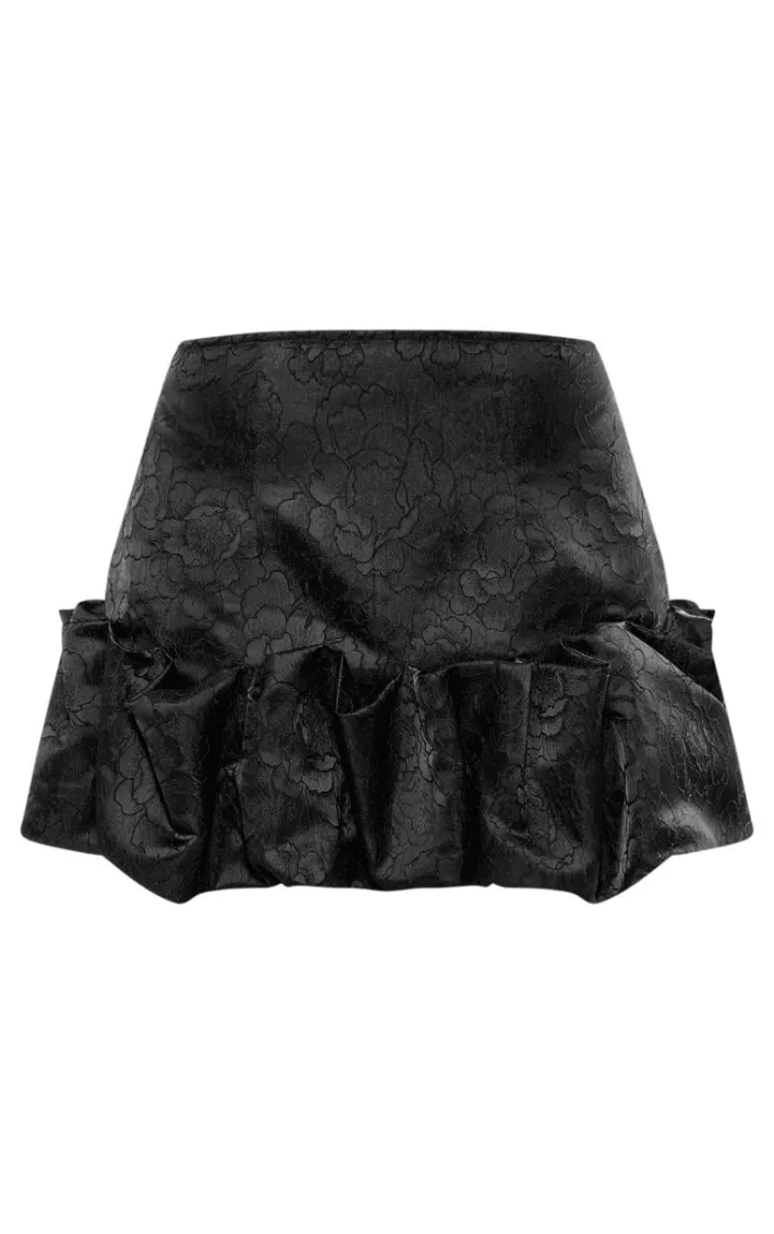 Black Floral Satin Puffball Hem Mini Skirt