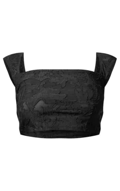 Sale PrettyLittleThing Floral Sheer Burnout Square Neck Short Sleeve Crop Top Black