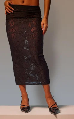 Sale PrettyLittleThing Floral Sheer Burnout Midaxi Skirt Black
