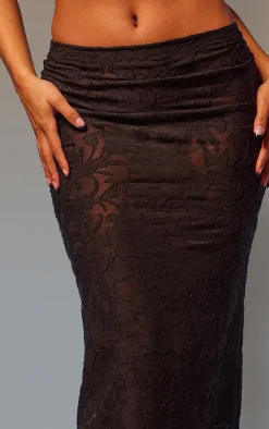 Sale PrettyLittleThing Floral Sheer Burnout Midaxi Skirt Black