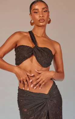 Clearance PrettyLittleThing Floral Sheer Burnout Asymmetric Twist Detail Bandeau Top Black