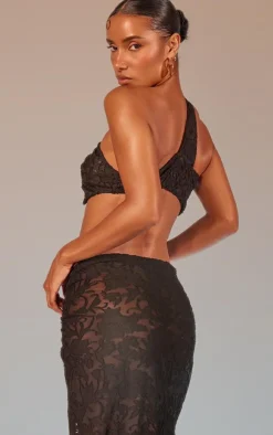Clearance PrettyLittleThing Floral Sheer Burnout Asymmetric Twist Detail Bandeau Top Black