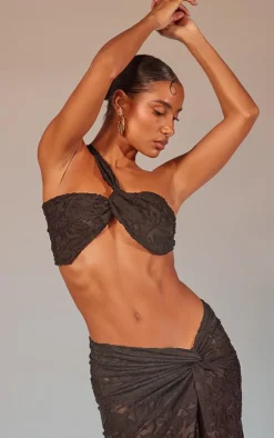 Clearance PrettyLittleThing Floral Sheer Burnout Asymmetric Twist Detail Bandeau Top Black