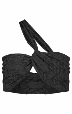 Clearance PrettyLittleThing Floral Sheer Burnout Asymmetric Twist Detail Bandeau Top Black