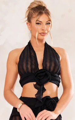 PrettyLittleThing Flower Detail Halterneck Crop Top Black