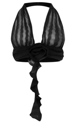 PrettyLittleThing Flower Detail Halterneck Crop Top Black