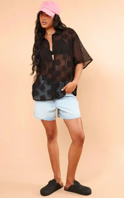 PrettyLittleThing Shirts*Flower Embroidered Oversized Fit Shirt