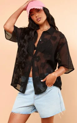 PrettyLittleThing Shirts*Flower Embroidered Oversized Fit Shirt