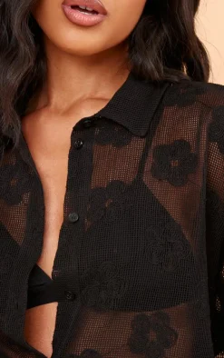 PrettyLittleThing Shirts*Flower Embroidered Oversized Fit Shirt