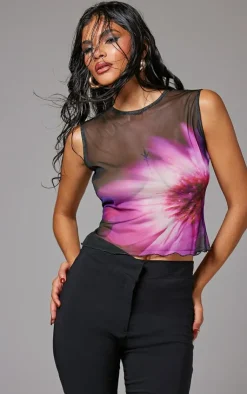 Flower Printed Mesh Long Top-PrettyLittleThing Online