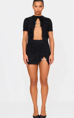 Hot PrettyLittleThing Fluffy Knit Embellised Mini Skirt Black