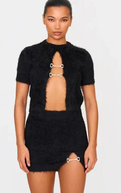 Hot PrettyLittleThing Fluffy Knit Embellised Mini Skirt Black