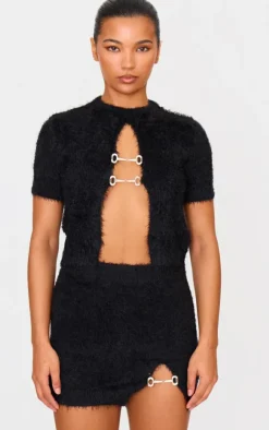 Discount PrettyLittleThing Fluffy Knit Embellished Top Black