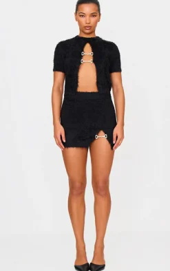 Discount PrettyLittleThing Fluffy Knit Embellished Top Black