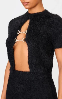 Discount PrettyLittleThing Fluffy Knit Embellished Top Black
