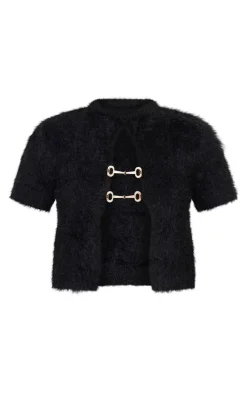 Discount PrettyLittleThing Fluffy Knit Embellished Top Black