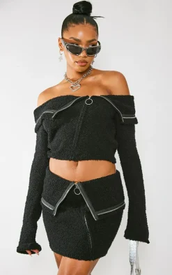Sale PrettyLittleThing Fluffy Knit Fold Over Zipped Crop Jacket Black