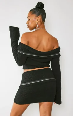 Sale PrettyLittleThing Fluffy Knit Fold Over Zipped Crop Jacket Black