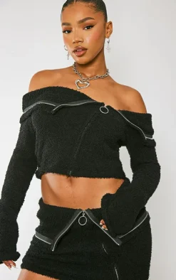 Sale PrettyLittleThing Fluffy Knit Fold Over Zipped Crop Jacket Black