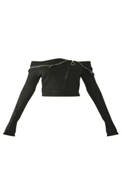 Sale PrettyLittleThing Fluffy Knit Fold Over Zipped Crop Jacket Black