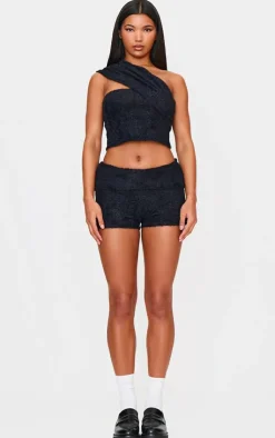 PrettyLittleThing Fluffy Textured Fold Over Hot Pants Black