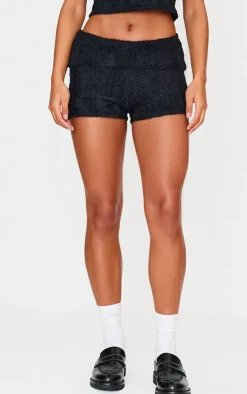 PrettyLittleThing Fluffy Textured Fold Over Hot Pants Black