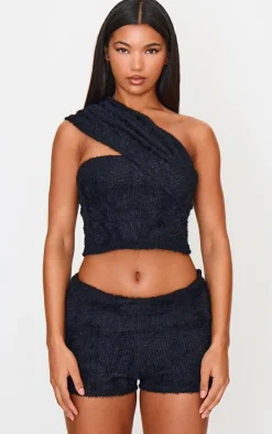 PrettyLittleThing Fluffy Textured Fold Over Hot Pants Black