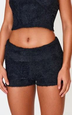 PrettyLittleThing Fluffy Textured Fold Over Hot Pants Black