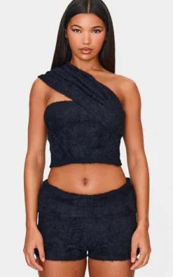 New PrettyLittleThing Fluffy Textured One Shoulder Top Black
