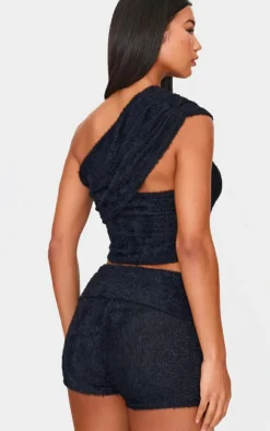 New PrettyLittleThing Fluffy Textured One Shoulder Top Black