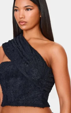 New PrettyLittleThing Fluffy Textured One Shoulder Top Black