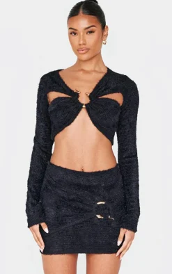 New PrettyLittleThing Fluffy Textured Trim Detail Crop Top Black