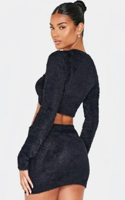 New PrettyLittleThing Fluffy Textured Trim Detail Crop Top Black