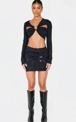 New PrettyLittleThing Fluffy Textured Trim Detail Crop Top Black