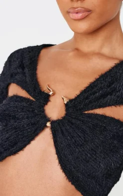 New PrettyLittleThing Fluffy Textured Trim Detail Crop Top Black