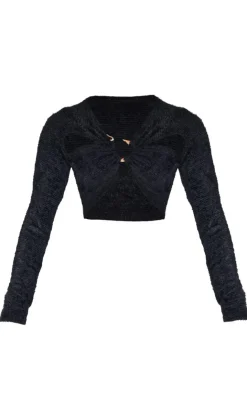 New PrettyLittleThing Fluffy Textured Trim Detail Crop Top Black