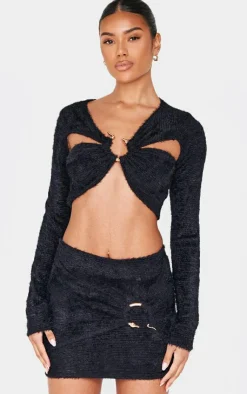 Clearance PrettyLittleThing Fluffy Textured Trim Detail Wrap Micro Mini Skirt Black