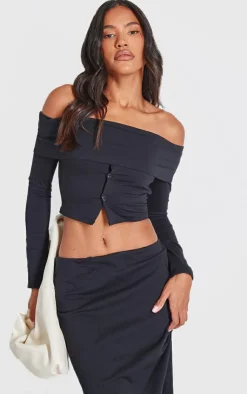 PrettyLittleThing Foldover Button Detail Off The Shoulder Top Black