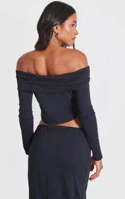 PrettyLittleThing Foldover Button Detail Off The Shoulder Top Black