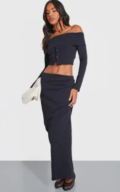 PrettyLittleThing Foldover Button Detail Off The Shoulder Top Black