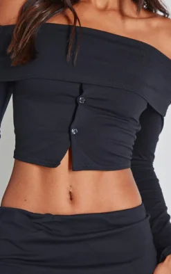 PrettyLittleThing Foldover Button Detail Off The Shoulder Top Black