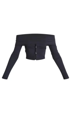 PrettyLittleThing Foldover Button Detail Off The Shoulder Top Black