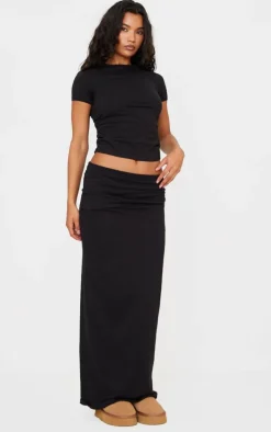 Sale PrettyLittleThing Foldover Cotton Maxi Skirt Black