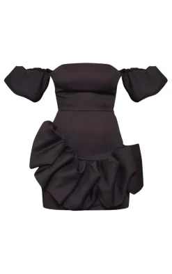 Frill Detail Puff Sleeve Bardot Bodycon Dress-PrettyLittleThing